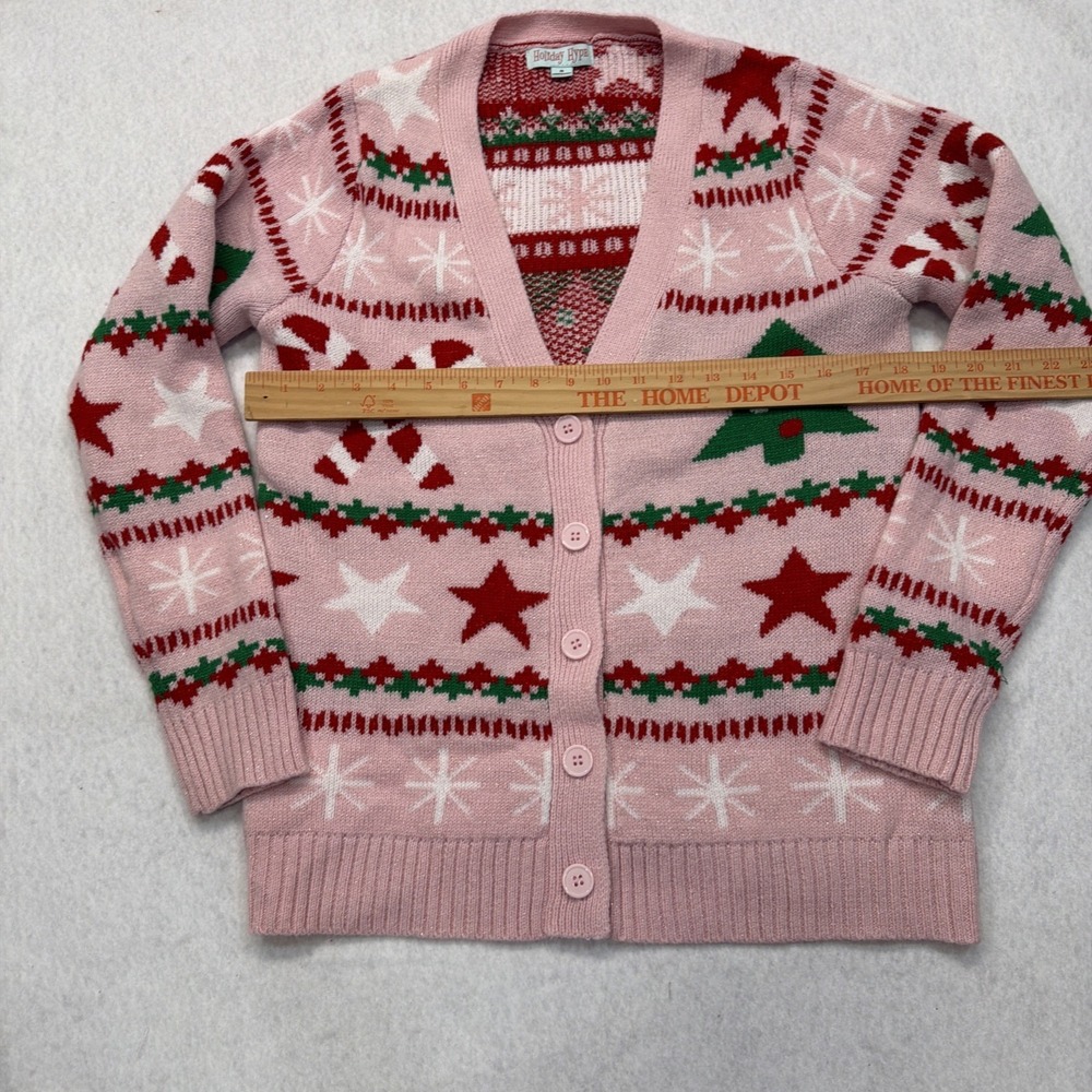 Holiday Hype Pink‎ Christmas Cardigan Sweater size Small Candy Canes Stars Trees - Picture 8 of 14